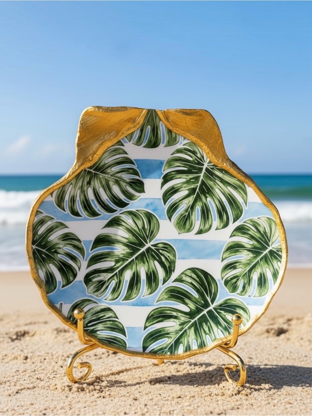 Hand Crafted Monstera Leaf Print Trinket Shell Dish Green 5”